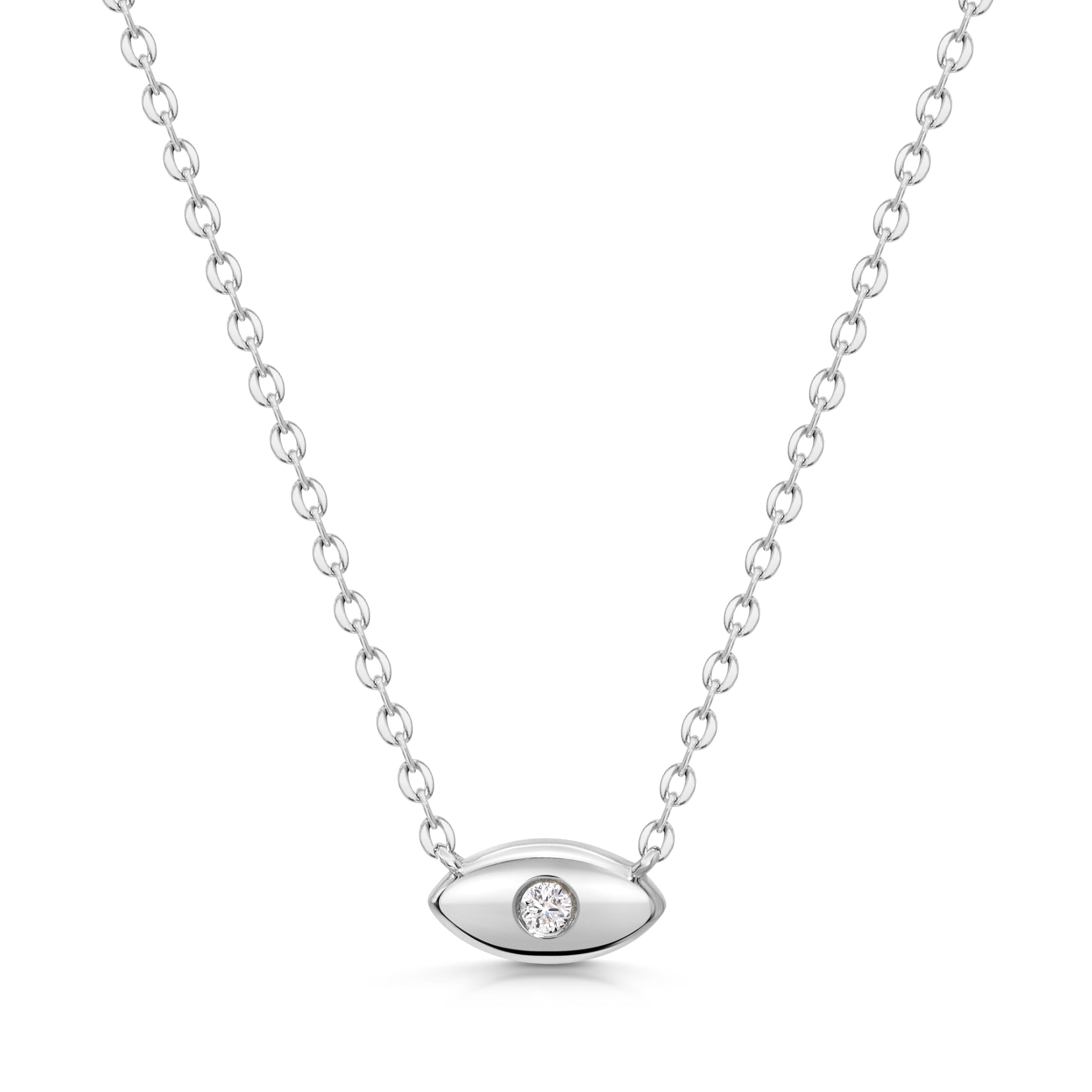 Halskette aus 18k Weißgold mit Lucky Eye Anhänger und echtem Diamanten.