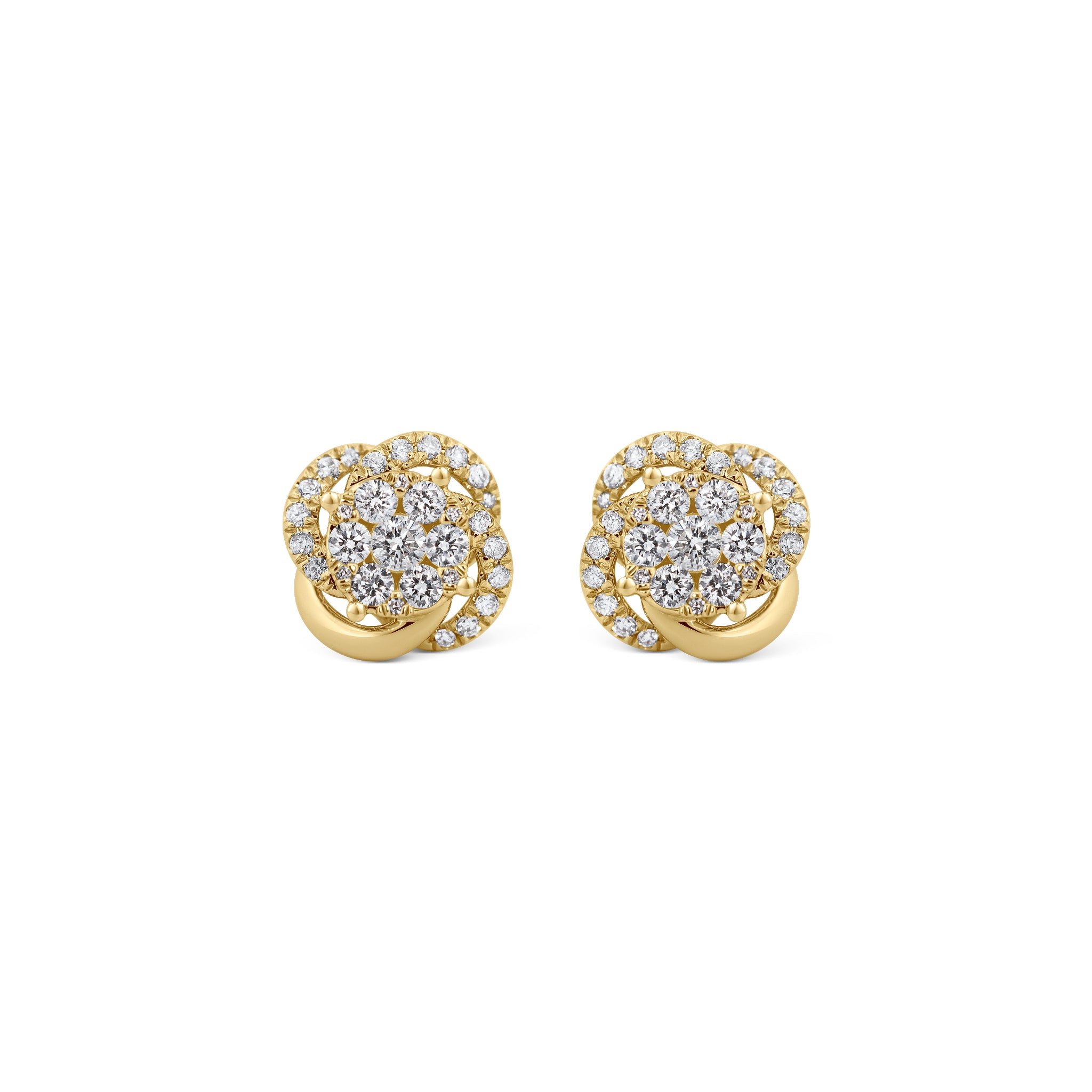 Elegante 18k Gelbgold Ohrstecker mit pavegefassten Diamanten in floralem Design.
