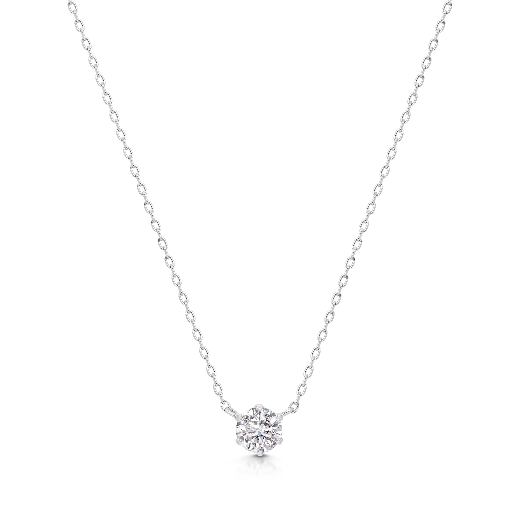 Ina Halskette aus 18 Karat Weißgold mit einzeln gefasstem Diamanten - zarter, minimalistischer Anhänger auf filigraner Weißgoldkette.