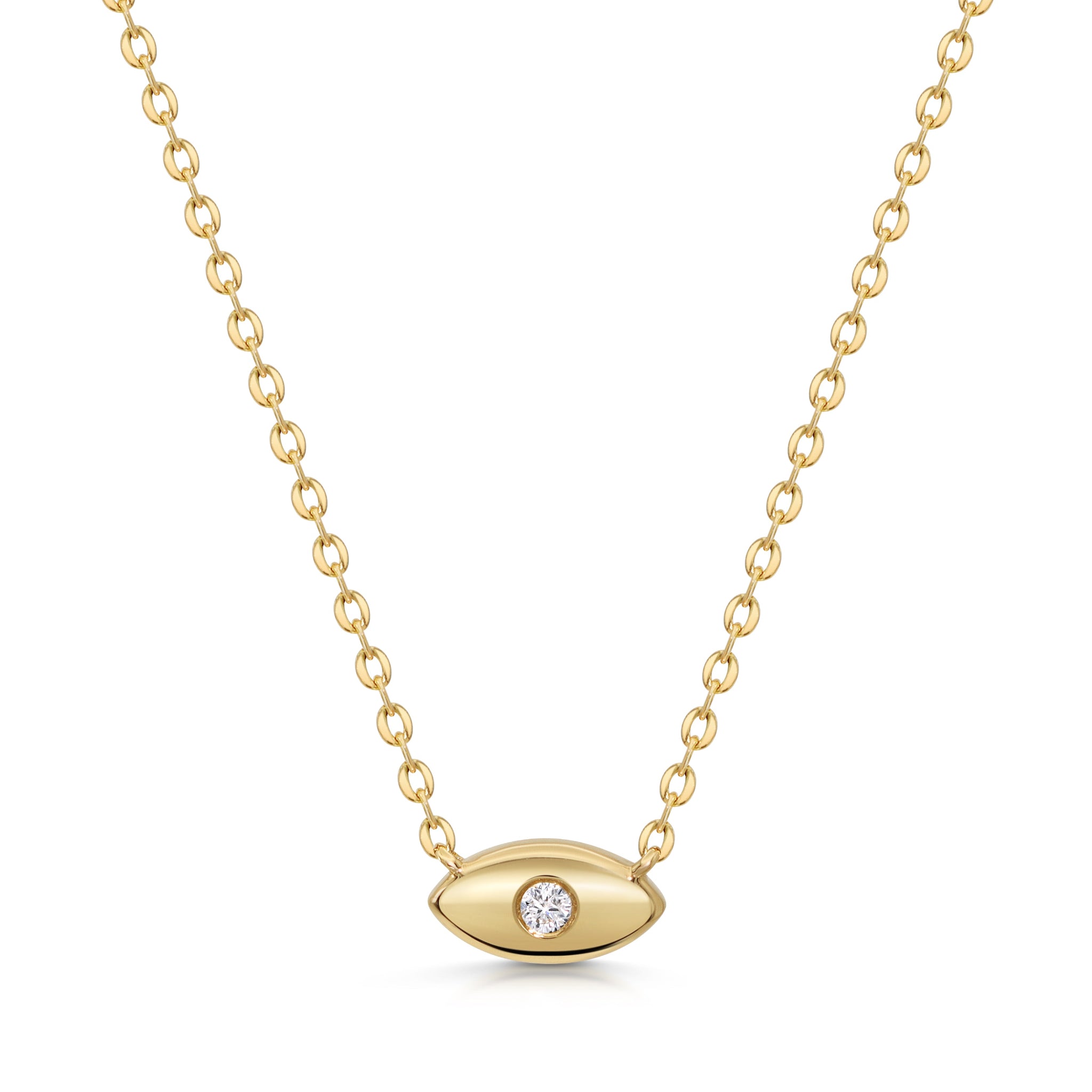 Lucky Eye Halskette aus 18k Gold mit feinem Kettenband und schützendem Evil-Eye Anhänger.
