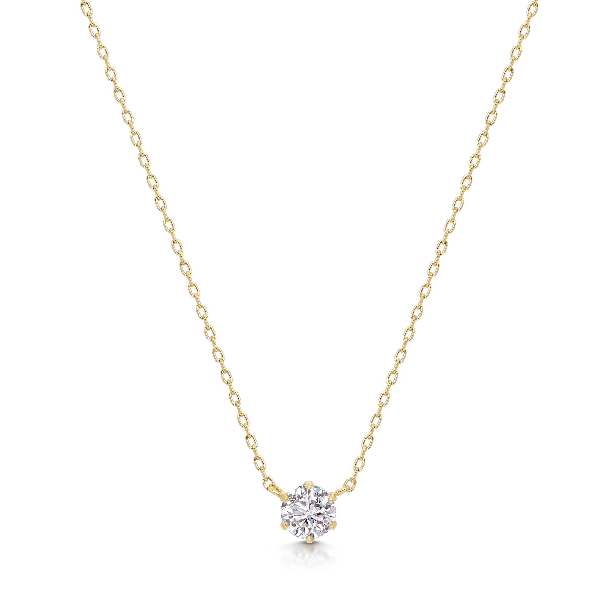 Zarte Halskette aus 18 Karat Gelbgold mit rundem, natürlich gefasstem Diamant in Krappenfassung – eleganter Solitäranhänger für Damen.
