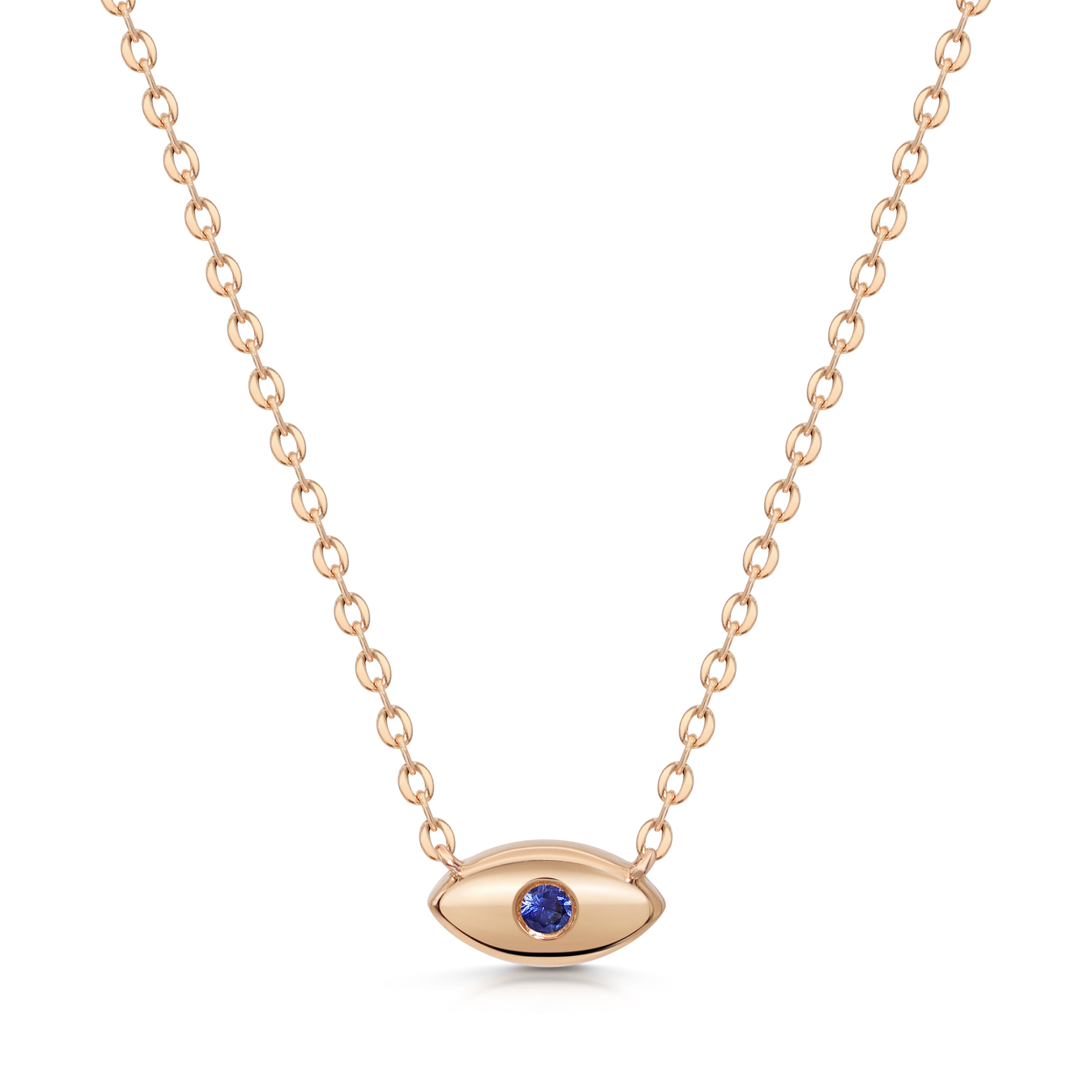 Feine Halskette aus 18k Roségold mit blauem Saphir-Auge-eleganter Schutzsymbol-Anhänger für Damen.